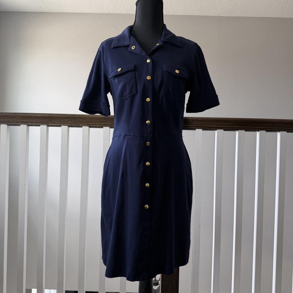 New York & Company Navy Blue Gold Snap Button Utility‎ Dress Small Nautical Prep